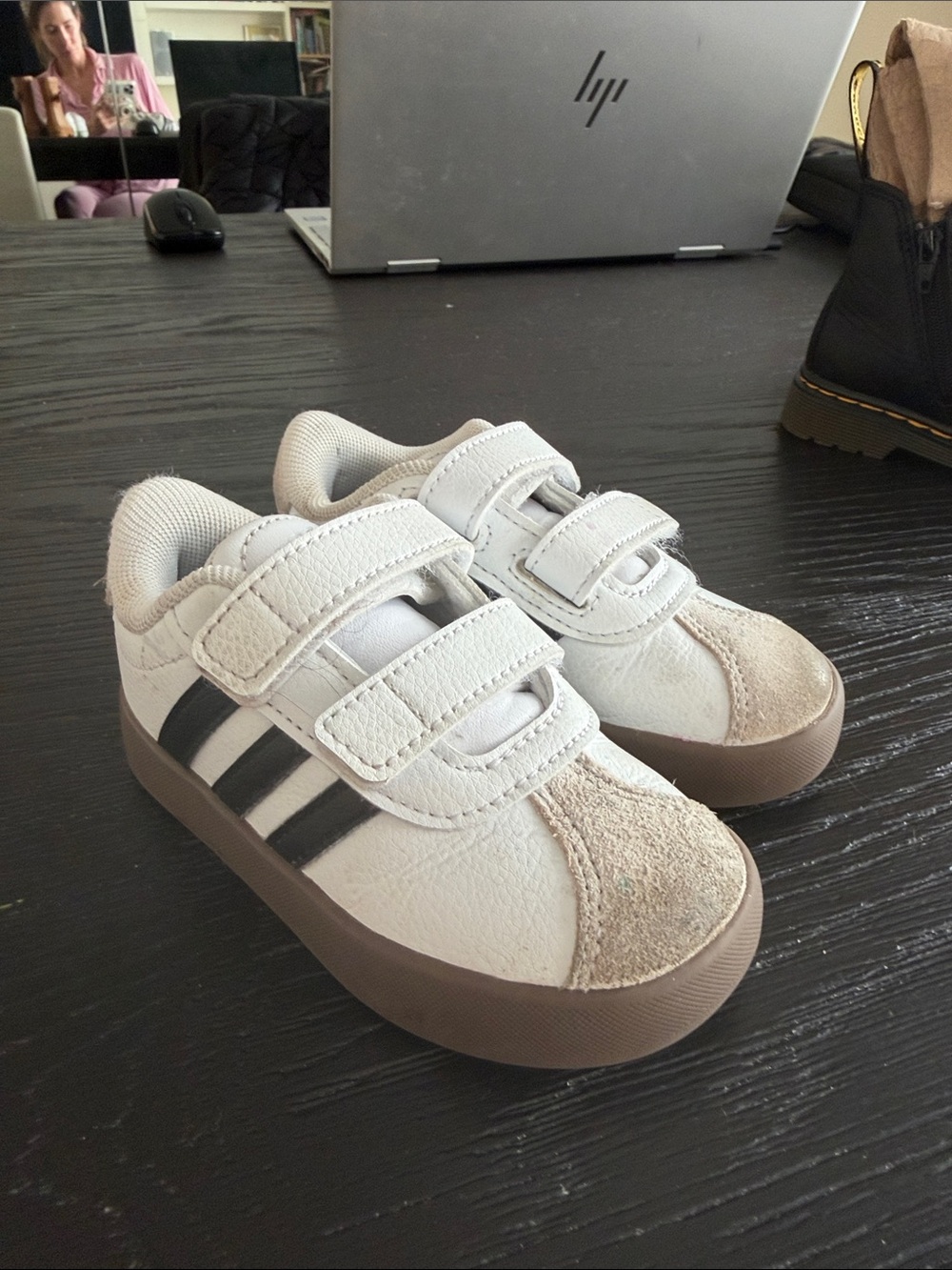 adidas Kids White Sneakers with Black Stripes and Tan Accents